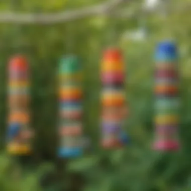 Colorful bird feeders made from plastic bottles hanging in a garden
