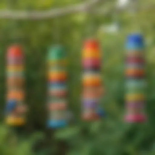 Colorful bird feeders made from plastic bottles hanging in a garden