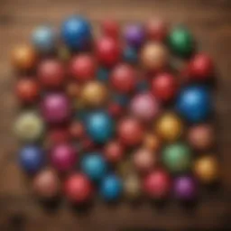 A vibrant array of handmade Christmas ornaments displayed on a rustic wooden table.