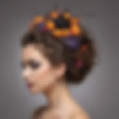 Whimsical Halloween Updo Whimsical updo featuring colorful Halloween-themed decorations