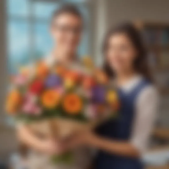 Teacher receiving a bouquet of flowers as a thank you gift