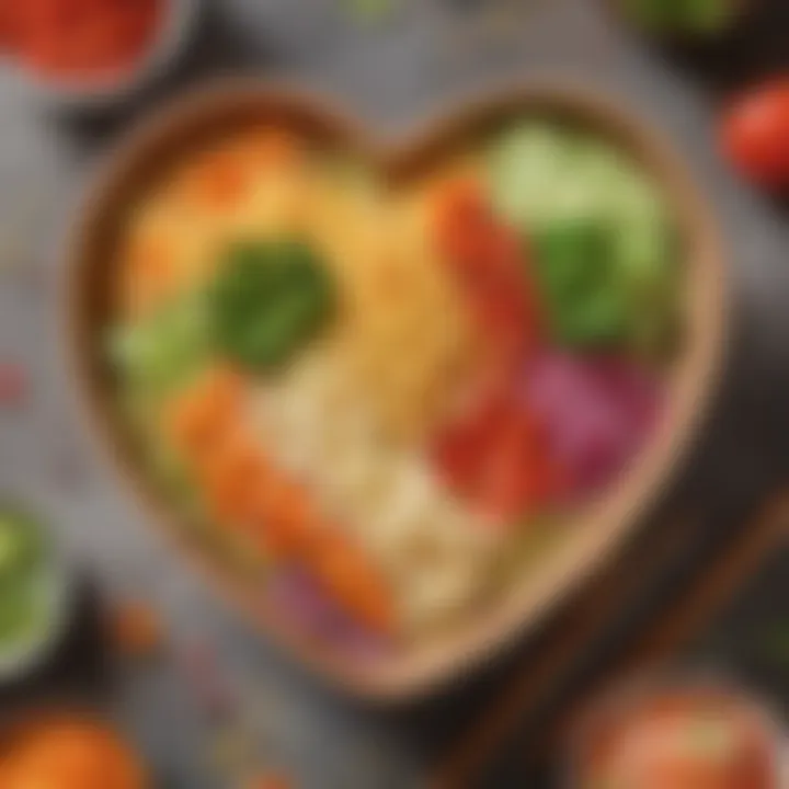 A colorful bowl of heart-shaped noodles served with fresh vegetables and garnishes, highlighting their versatility in meals.