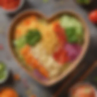 Colorful Heart-Shaped Noodles Bowl A colorful bowl of heart-shaped noodles served with fresh vegetables and garnishes, highlighting their versatility in meals.