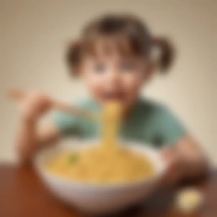 A child enthusiastically enjoying a bowl of heart-shaped noodles, capturing the joyful aspect of mealtime and healthy eating.
