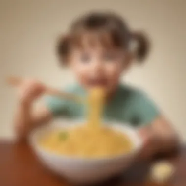 Child Enjoying Heart-Shaped Noodles A child enthusiastically enjoying a bowl of heart-shaped noodles, capturing the joyful aspect of mealtime and healthy eating.