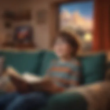 A joyful child watching an animated movie on a cozy couch