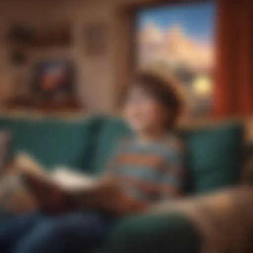 A joyful child watching an animated movie on a cozy couch