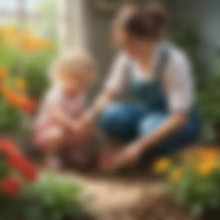 Curious toddler planting flowers for mom