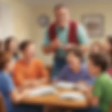 Illustration of a dad telling a humorous joke to a group of middle schoolers