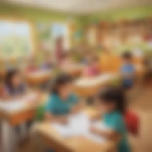 A vibrant classroom setting with children engaged in various activities using worksheets.