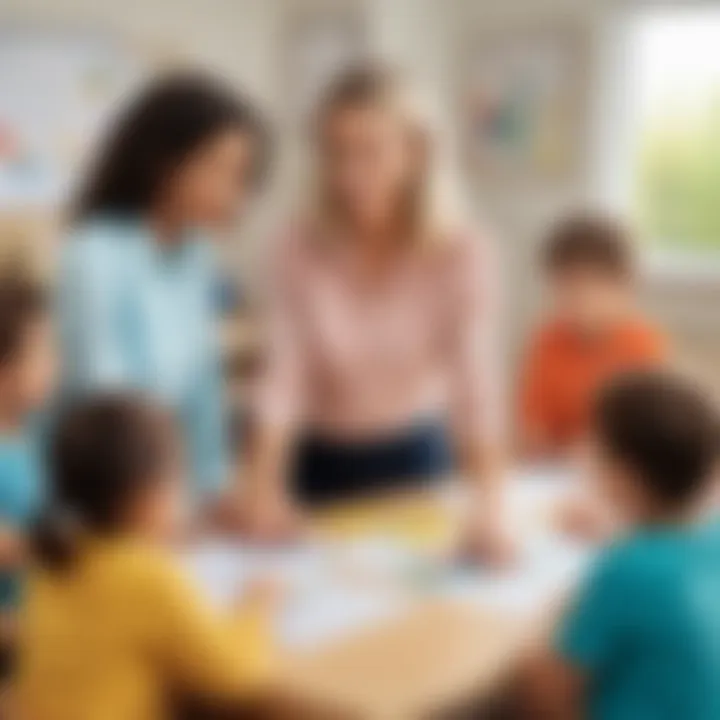 A teacher demonstrating a worksheet activity to a group of attentive kindergarteners.