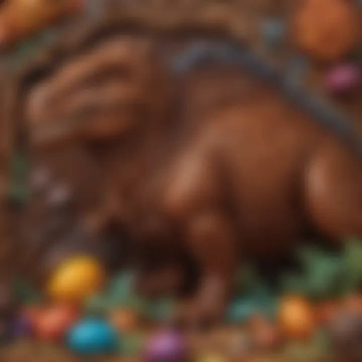 Close-up of the detailed design on the chocolate dinosaur toy