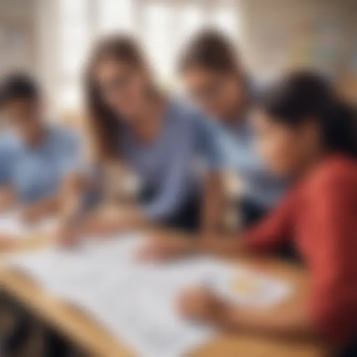 A teacher collaborating with students on an interactive worksheet