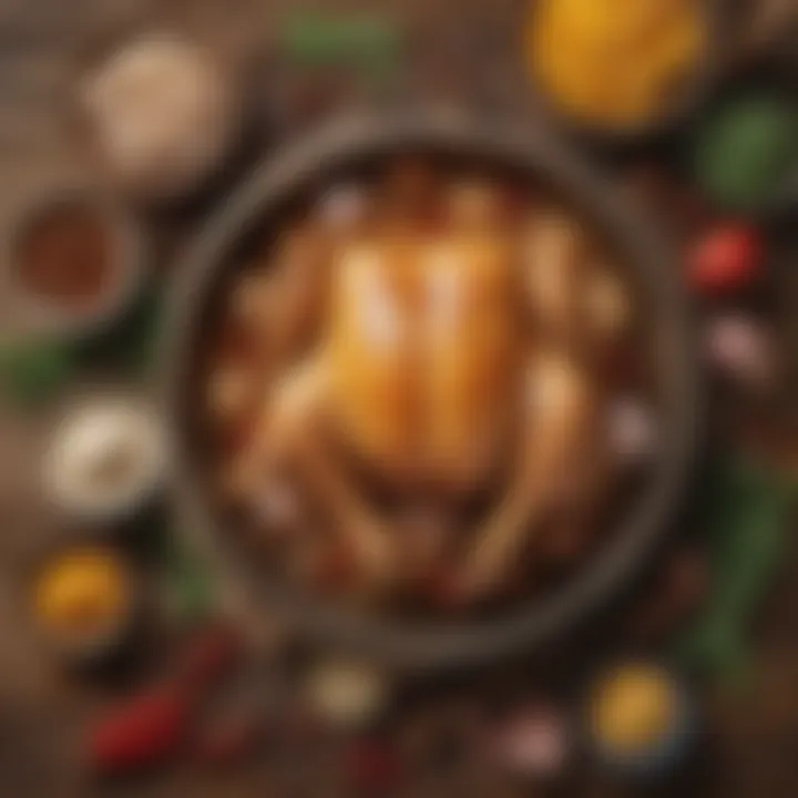 A rustic kitchen scene featuring a variety of spices and fresh chicken ingredients.