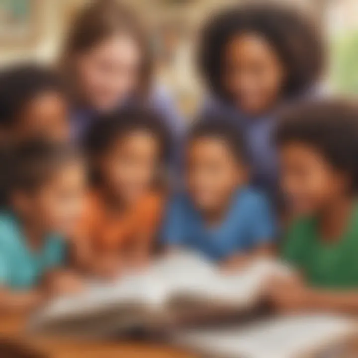 Illustration of a diverse group of children collaborating on a reading activity