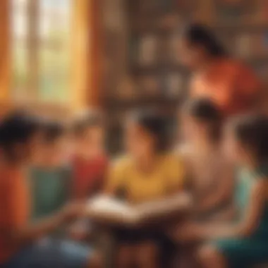 Illustration of a diverse group of children discussing a book