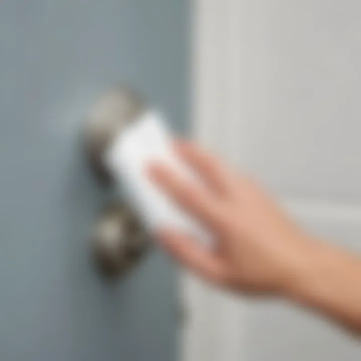 Close-up of disinfectant wipes being used to clean a doorknob