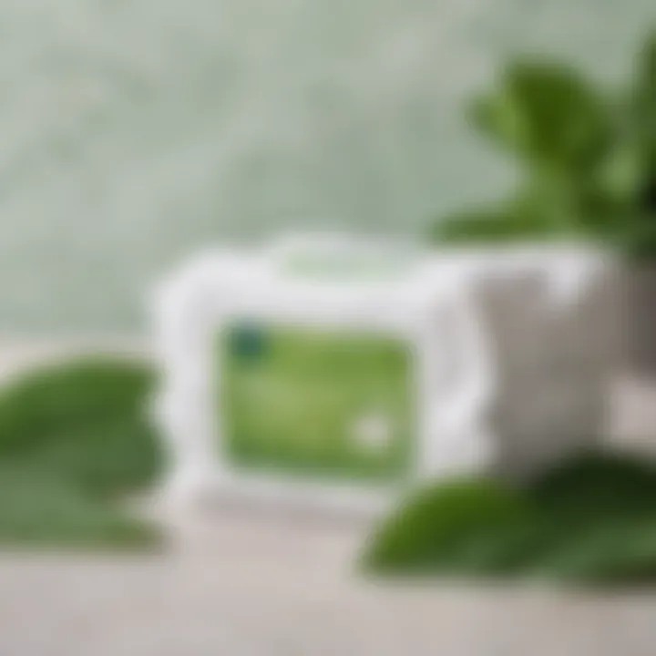 Stack of freshly made disinfectant wipes with green leaves in the background