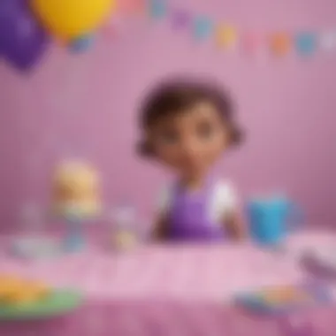 Celebratory Setup with Doc McStuffins Table Cloth Brightly colored Doc McStuffins table cloth on a party table