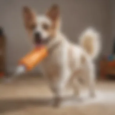 Dog Retrieving Foam Projectile A dog joyfully retrieving a foam projectile launched by the Nerf Dog Blaster