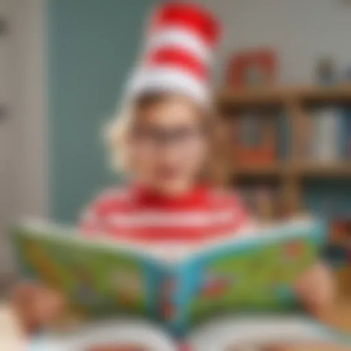 Child reading a Dr. Seuss book with vibrant illustrations
