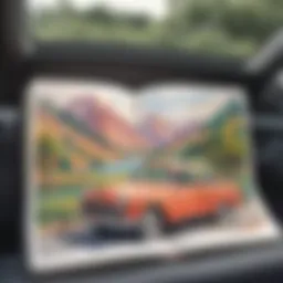 A sketchbook open in a car with colorful drawings of cars and landscapes.