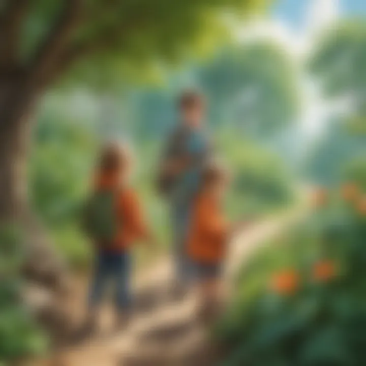 Nature walk with children observing plants
