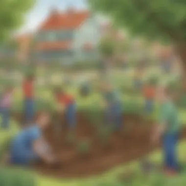 Illustration featuring children planting trees in a community garden