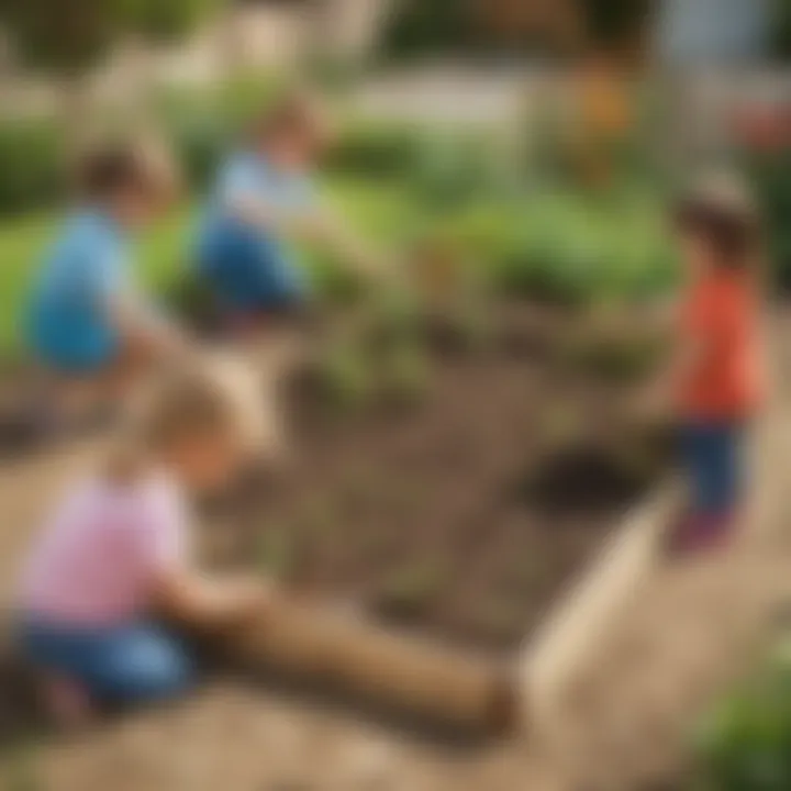 Preschoolers planting seeds in a small garden