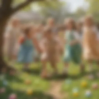 A group of excited children searching for Easter eggs, showcasing joy and excitement in a playful setting.