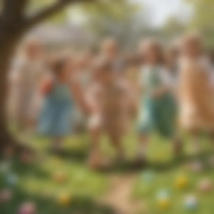 A group of excited children searching for Easter eggs, showcasing joy and excitement in a playful setting.