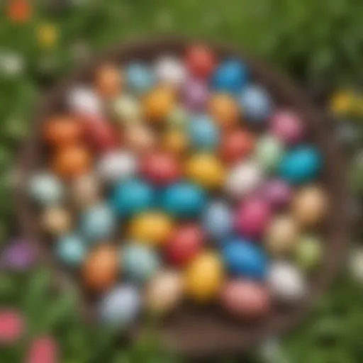 Colorful Easter eggs hidden in a garden setting