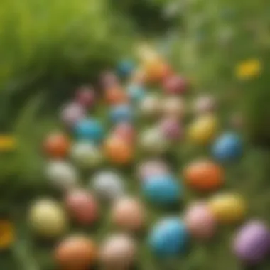 A vibrant array of colorful Easter eggs hidden among lush grass and flowers, creating a whimsical hunt atmosphere.