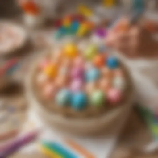 Colorful Easter egg decorating station with various art supplies