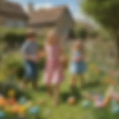 Easter Egg Hunt Adventure Children playing an outdoor Easter egg hunt in a garden