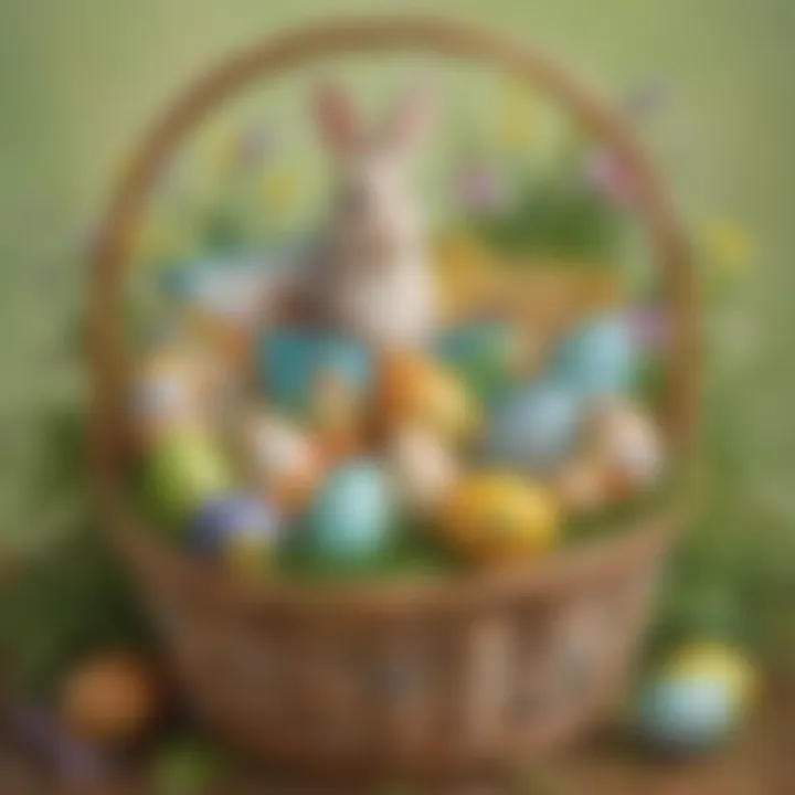 A selection of Easter-themed books nestled in a vibrant basket