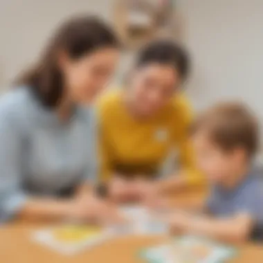 Educator and child interacting with physical flashcards.