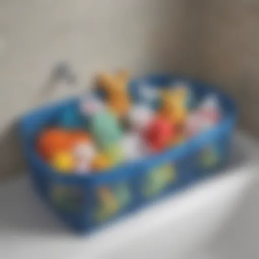 Organized bathtub toy storage featuring mesh bags