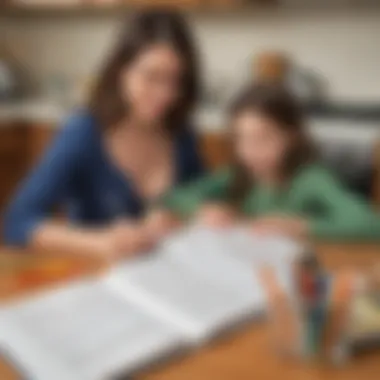 Parent-Child Reading Time A parent and child working together on a reading comprehension worksheet at a kitchen table, with books and pencils scattered around.