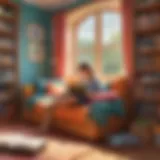 A child deeply engaged in reading a colorful storybook, surrounded by a cozy reading nook.