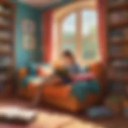 A child deeply engaged in reading a colorful storybook, surrounded by a cozy reading nook.