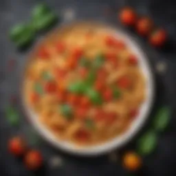 A vibrant plate of pasta adorned with fresh basil and cherry tomatoes.