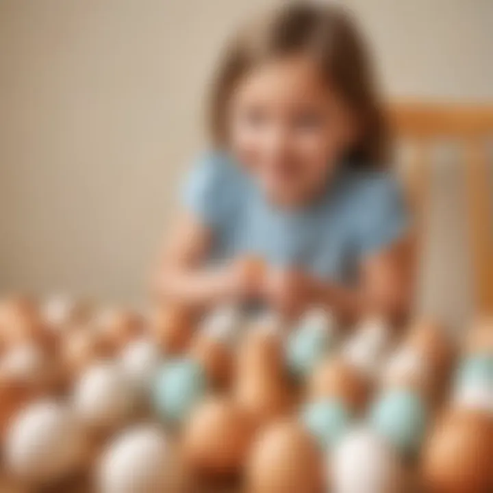 Illustration showing a child happily matching eggs of various sizes