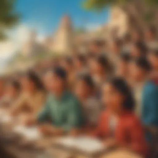 Illustration of diverse young students engaged in a world history lesson