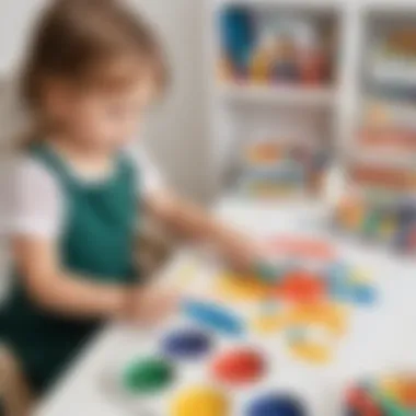 A vibrant art station with finger paints and paper, encouraging toddlers' artistic expression.