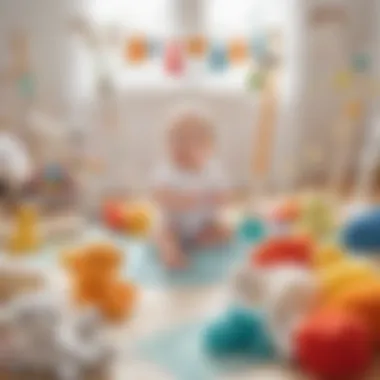 A playful setup with soft toys and bright colors to stimulate a two-month-old.
