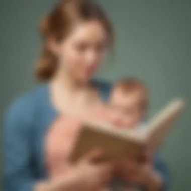 Interactive Reading Session A mother holding her two-month-old baby while reading a book together.