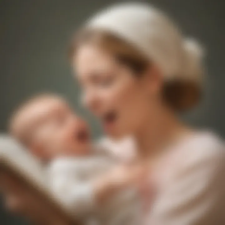 A caregiver gently singing and making faces to a two-month-old infant.