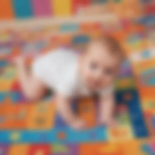 A two-month-old infant engaged in tummy time on a colorful play mat.