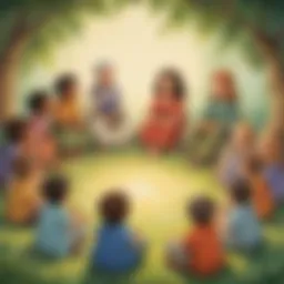 Illustration of preschoolers engaged in a storytelling circle